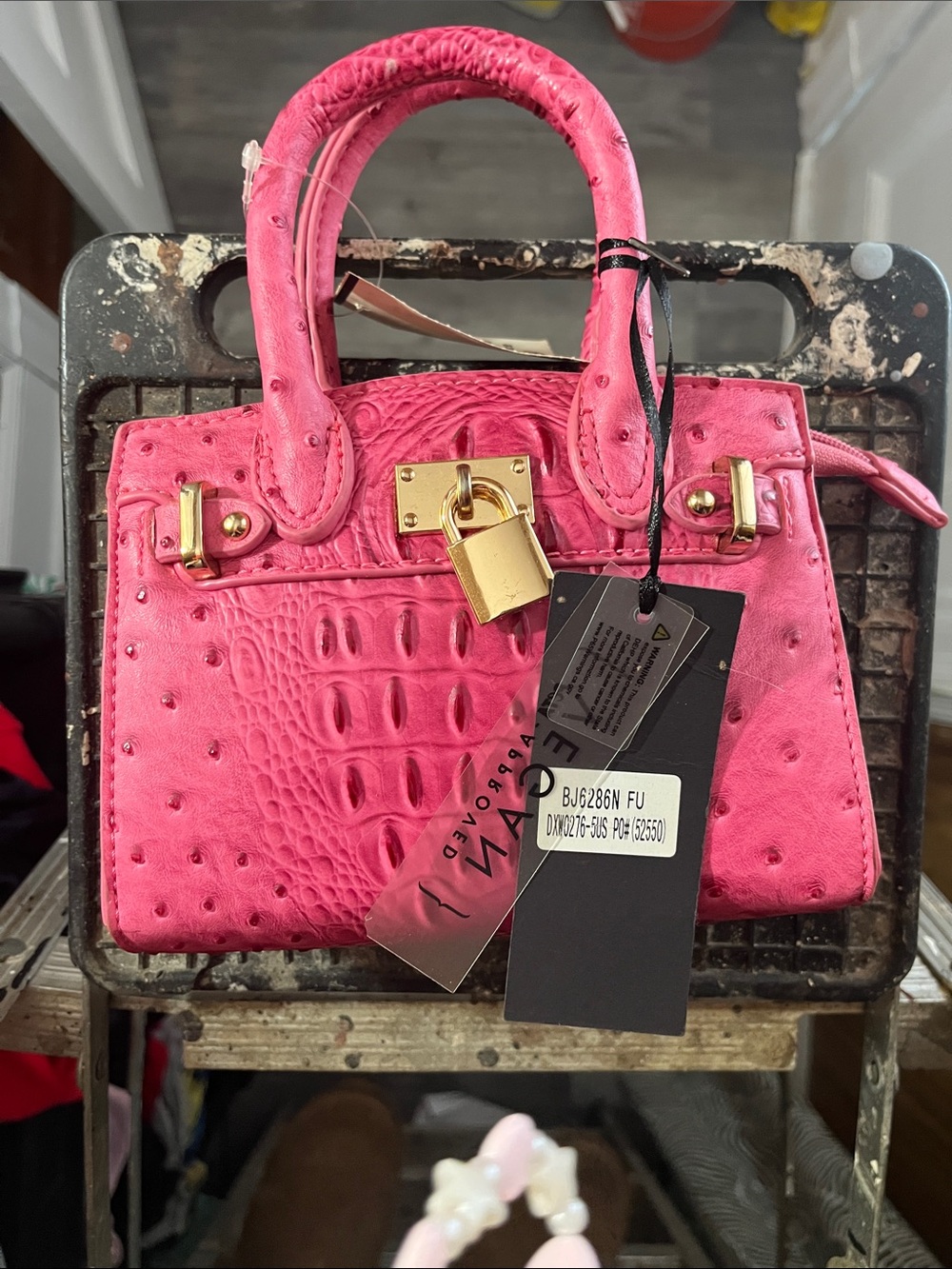 Mini Faux-Ostrich Satchel in Vibrant Pink with Gold Lock - Unbranded